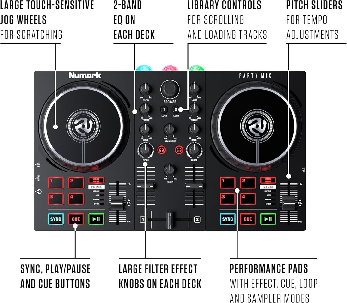 Party Mix DJ Controller with Lights, 2 Decks, Mixer, Audio Interface and (Serato Lite)