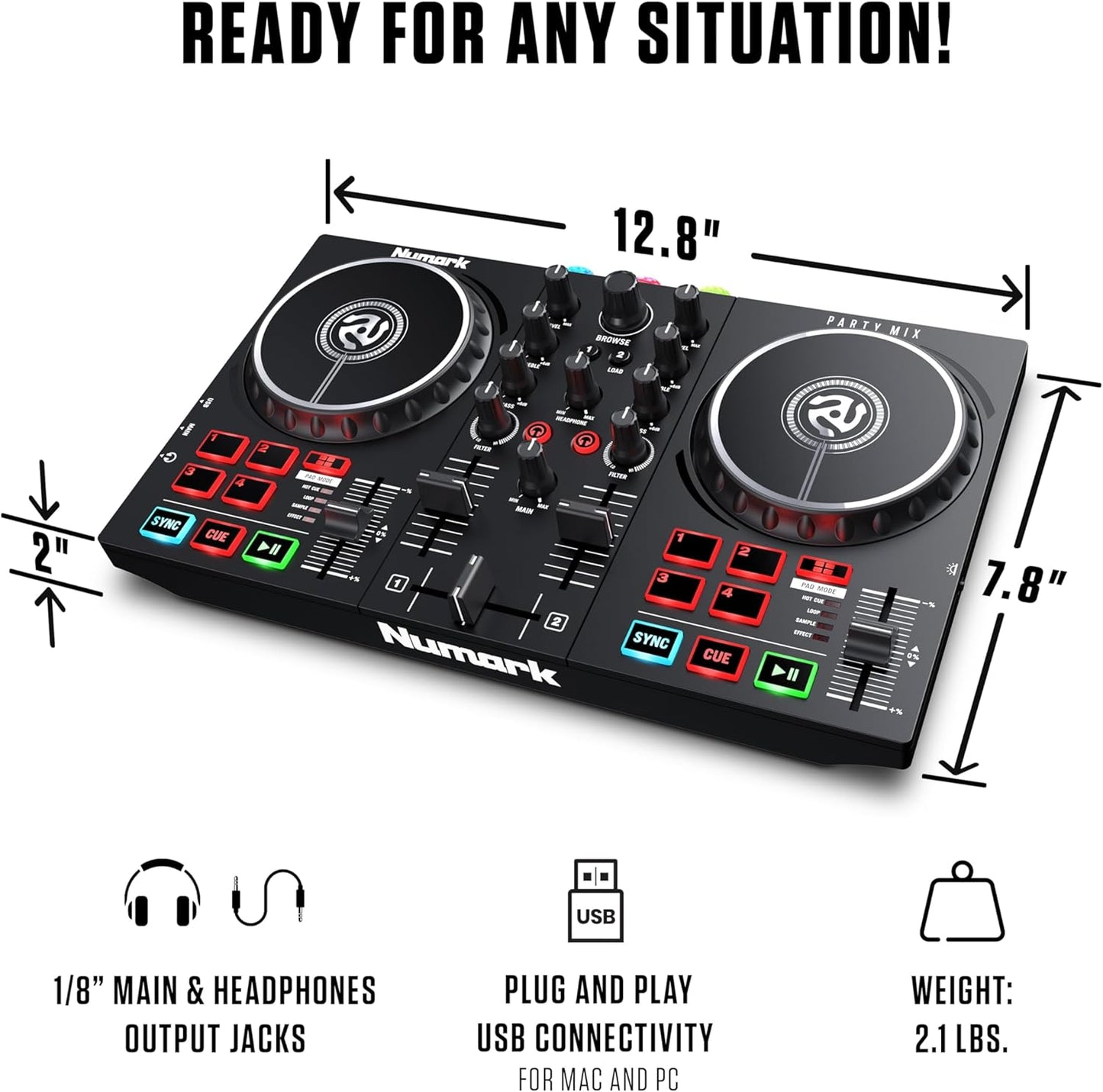 Party Mix DJ Controller with Lights, 2 Decks, Mixer, Audio Interface and (Serato Lite)