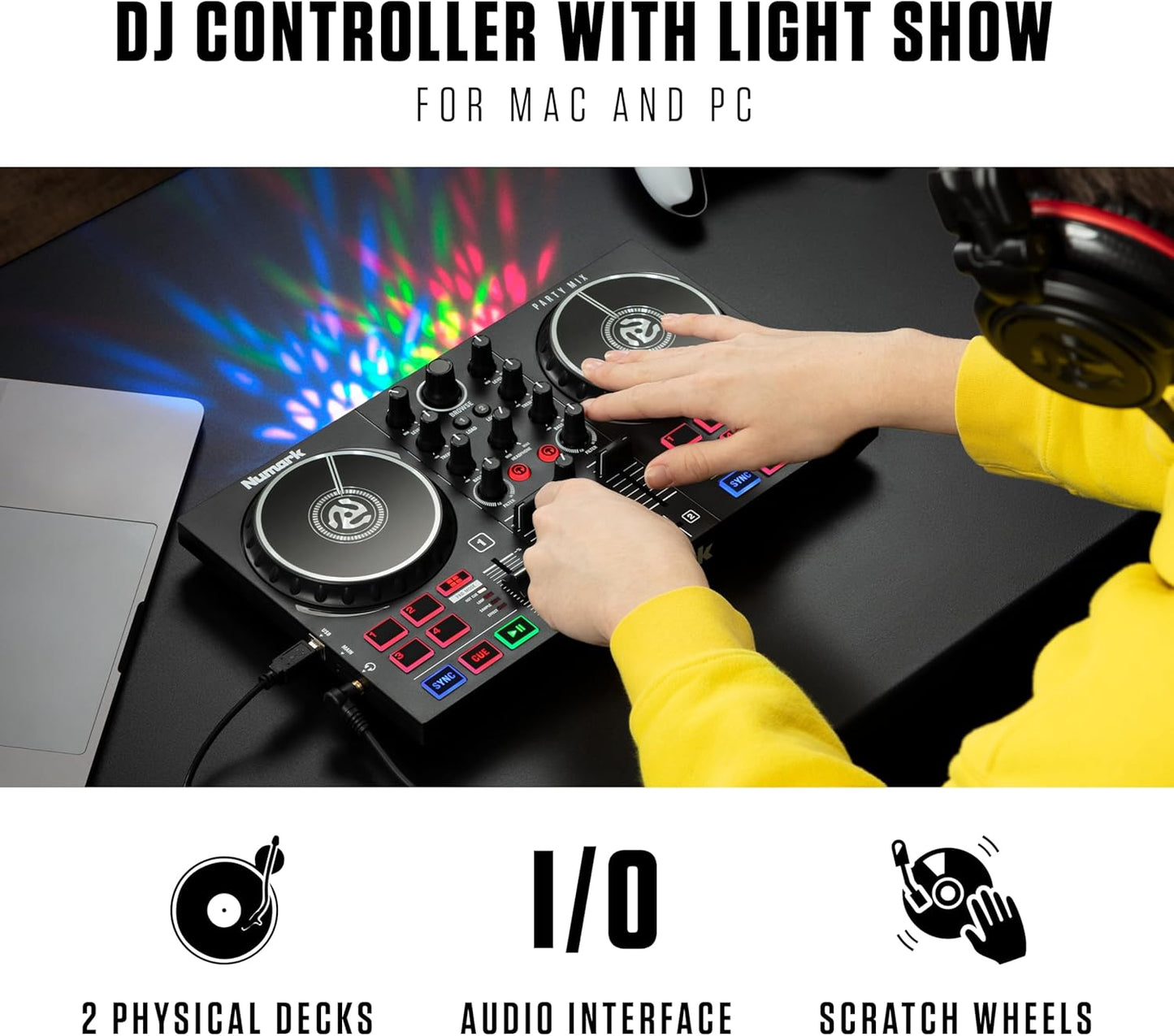 Party Mix DJ Controller with Lights, 2 Decks, Mixer, Audio Interface and (Serato Lite)