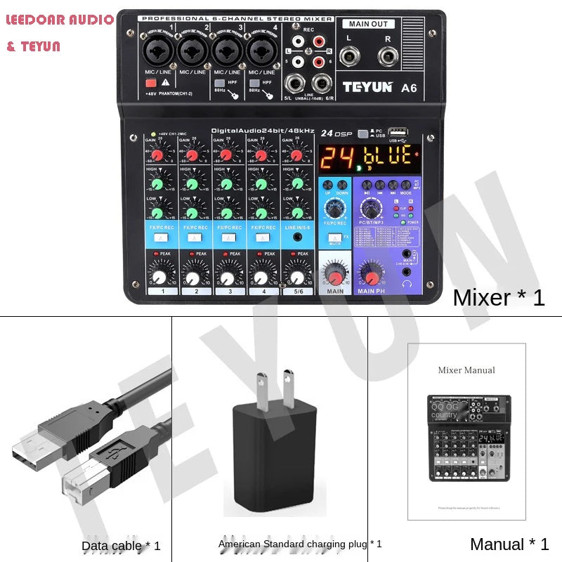 8 6 4 Channel DJ Sound Mixing Table 24 DSP Effect Audio Mixer Bluetooth PC USB Play Recording 48V Contoller Mixing Console