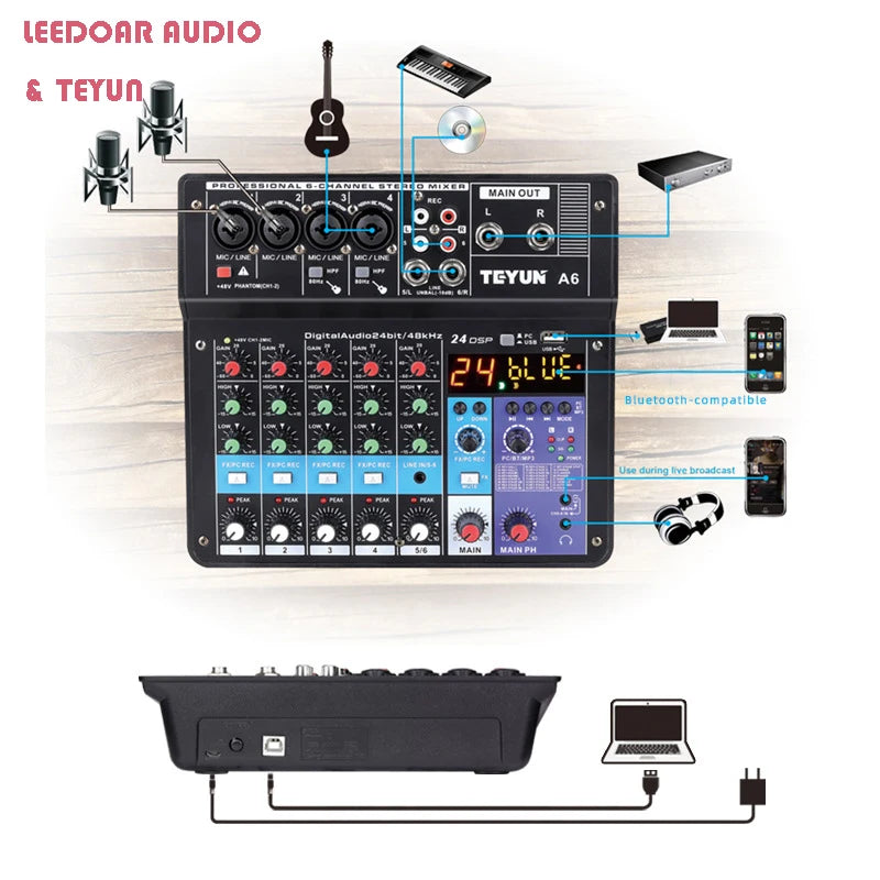 8 6 4 Channel DJ Sound Mixing Table 24 DSP Effect Audio Mixer Bluetooth PC USB Play Recording 48V Contoller Mixing Console