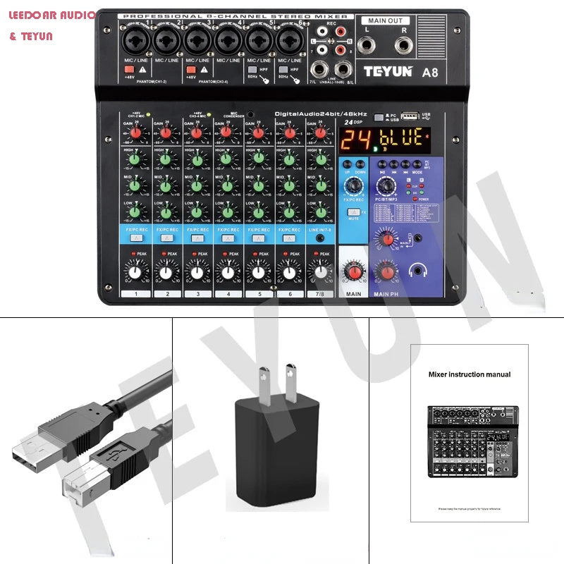 8 6 4 Channel DJ Sound Mixing Table 24 DSP Effect Audio Mixer Bluetooth PC USB Play Recording 48V Contoller Mixing Console