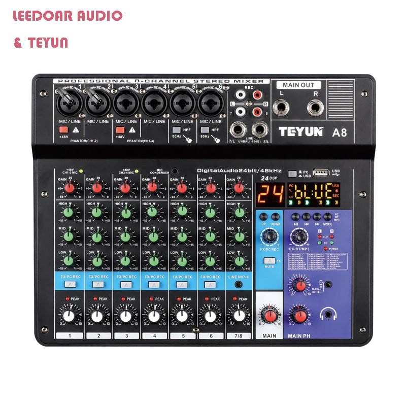 8 6 4 Channel DJ Sound Mixing Table 24 DSP Effect Audio Mixer Bluetooth PC USB Play Recording 48V Contoller Mixing Console