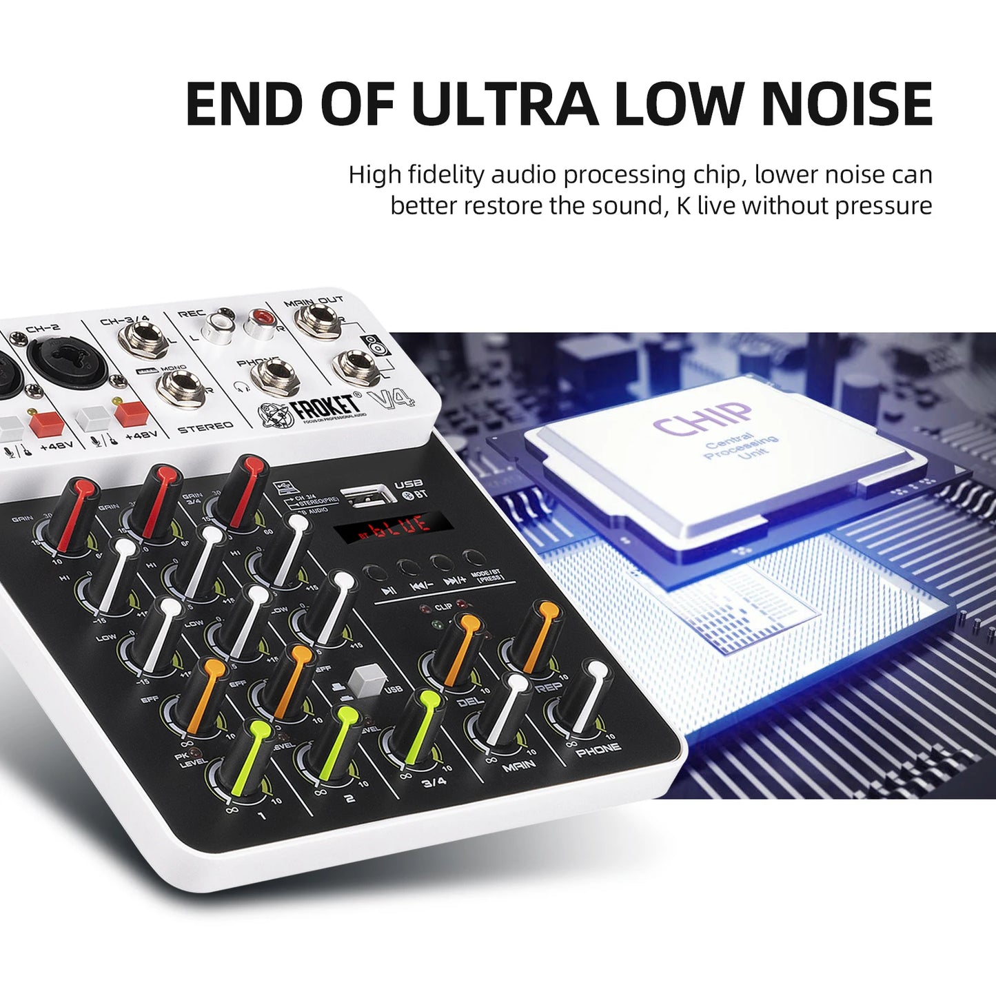 Debra V4 Audio Mixer DJ Controller Mixer, 5.0 Bluetooth 48V Phantom Power, Low Bottom Noise for Mixing Console PC Recording