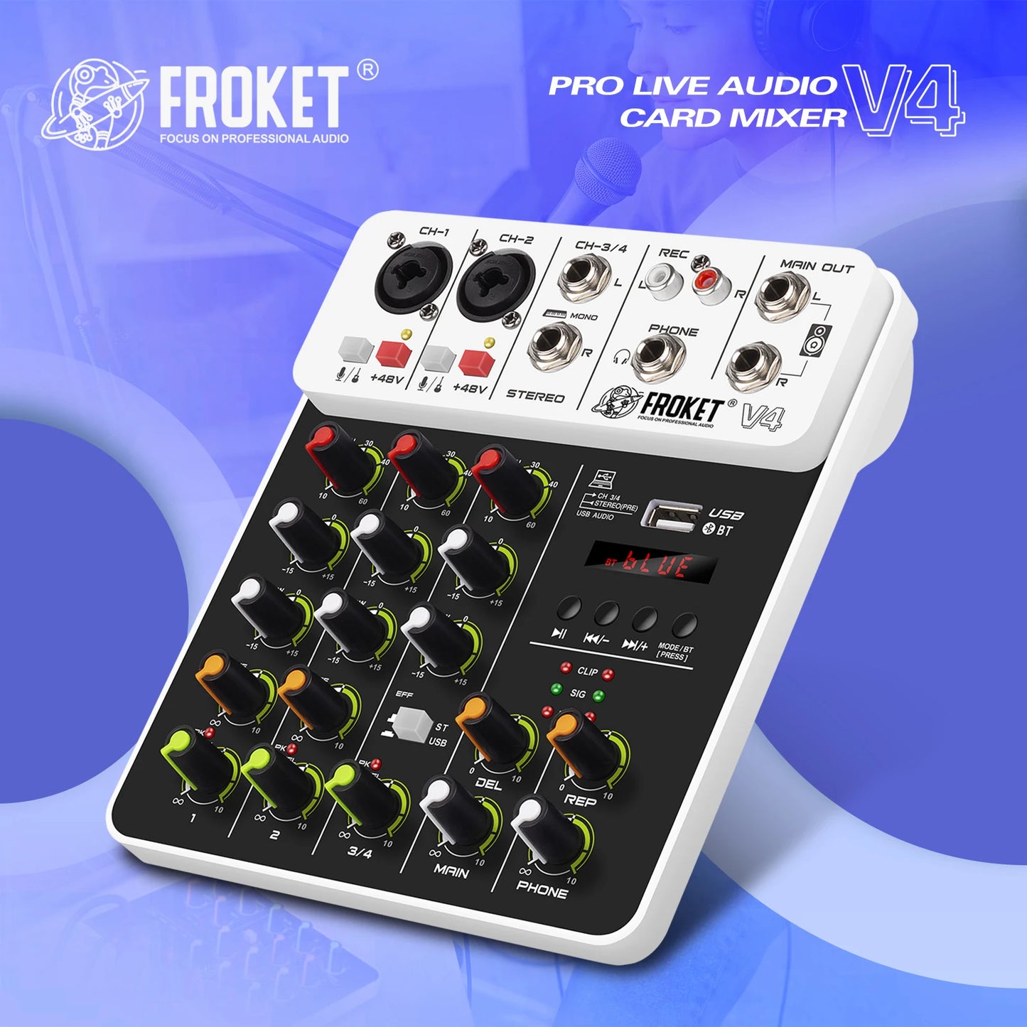 Debra V4 Audio Mixer DJ Controller Mixer, 5.0 Bluetooth 48V Phantom Power, Low Bottom Noise for Mixing Console PC Recording