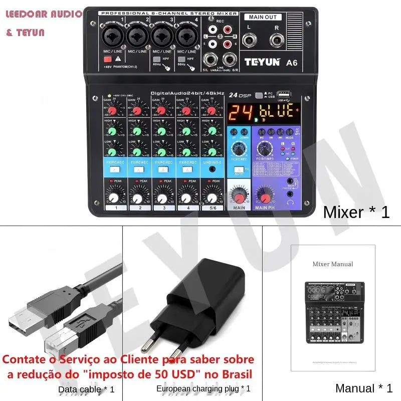 8 6 4 Channel DJ Sound Mixing Table 24 DSP Effect Audio Mixer Bluetooth PC USB Play Recording 48V Contoller Mixing Console