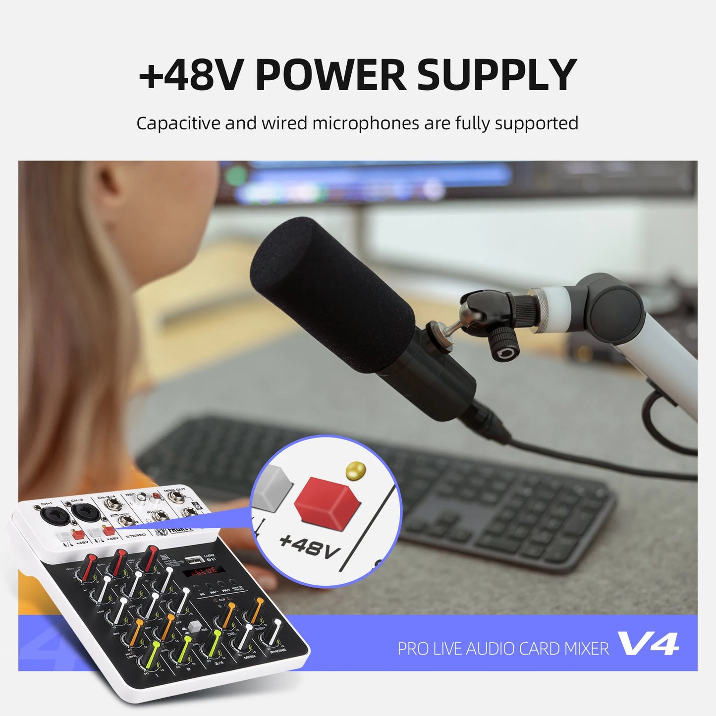 Debra V4 Audio Mixer DJ Controller Mixer, 5.0 Bluetooth 48V Phantom Power, Low Bottom Noise for Mixing Console PC Recording