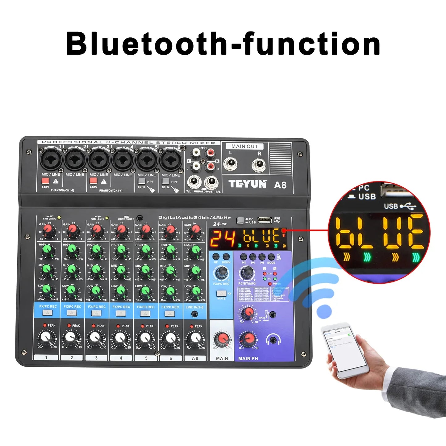 8 6 4 Channel DJ Sound Mixing Table 24 DSP Effect Audio Mixer Bluetooth PC USB Play Recording 48V Contoller Mixing Console