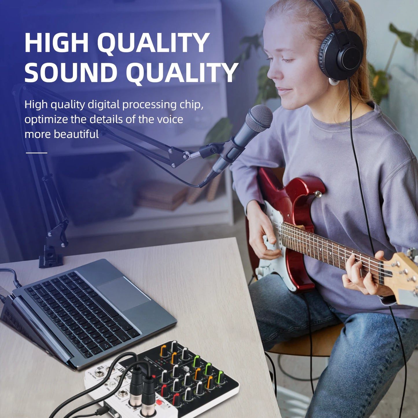 Debra V4 Audio Mixer DJ Controller Mixer, 5.0 Bluetooth 48V Phantom Power, Low Bottom Noise for Mixing Console PC Recording