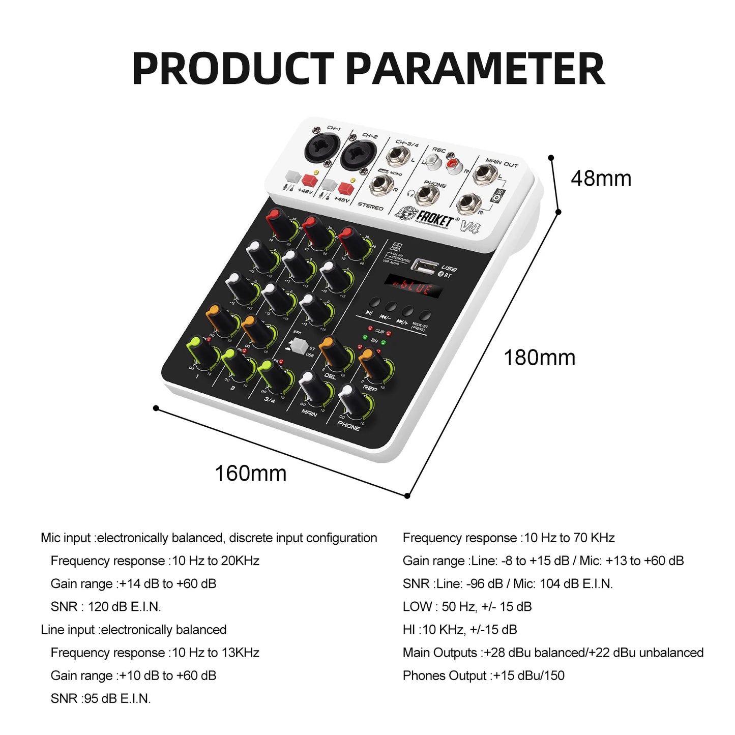Debra V4 Audio Mixer DJ Controller Mixer, 5.0 Bluetooth 48V Phantom Power, Low Bottom Noise for Mixing Console PC Recording