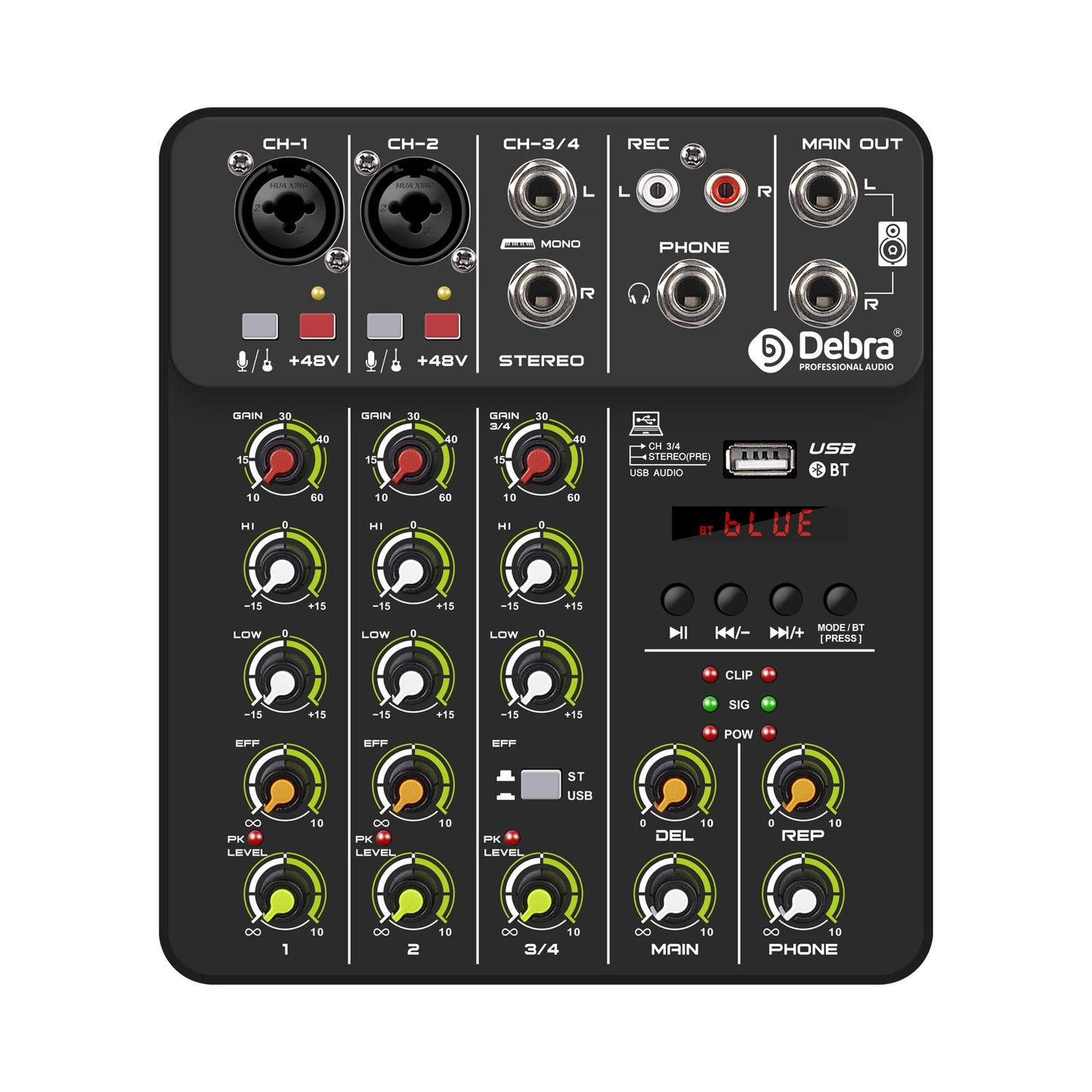 Debra V4 Audio Mixer DJ Controller Mixer, 5.0 Bluetooth 48V Phantom Power, Low Bottom Noise for Mixing Console PC Recording