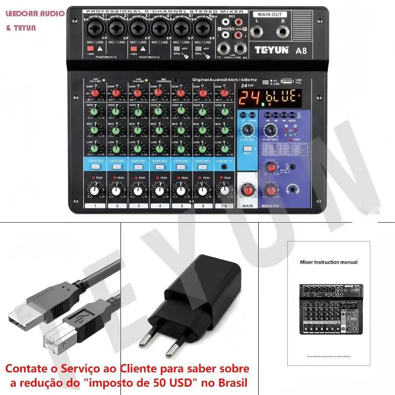 8 6 4 Channel DJ Sound Mixing Table 24 DSP Effect Audio Mixer Bluetooth PC USB Play Recording 48V Contoller Mixing Console