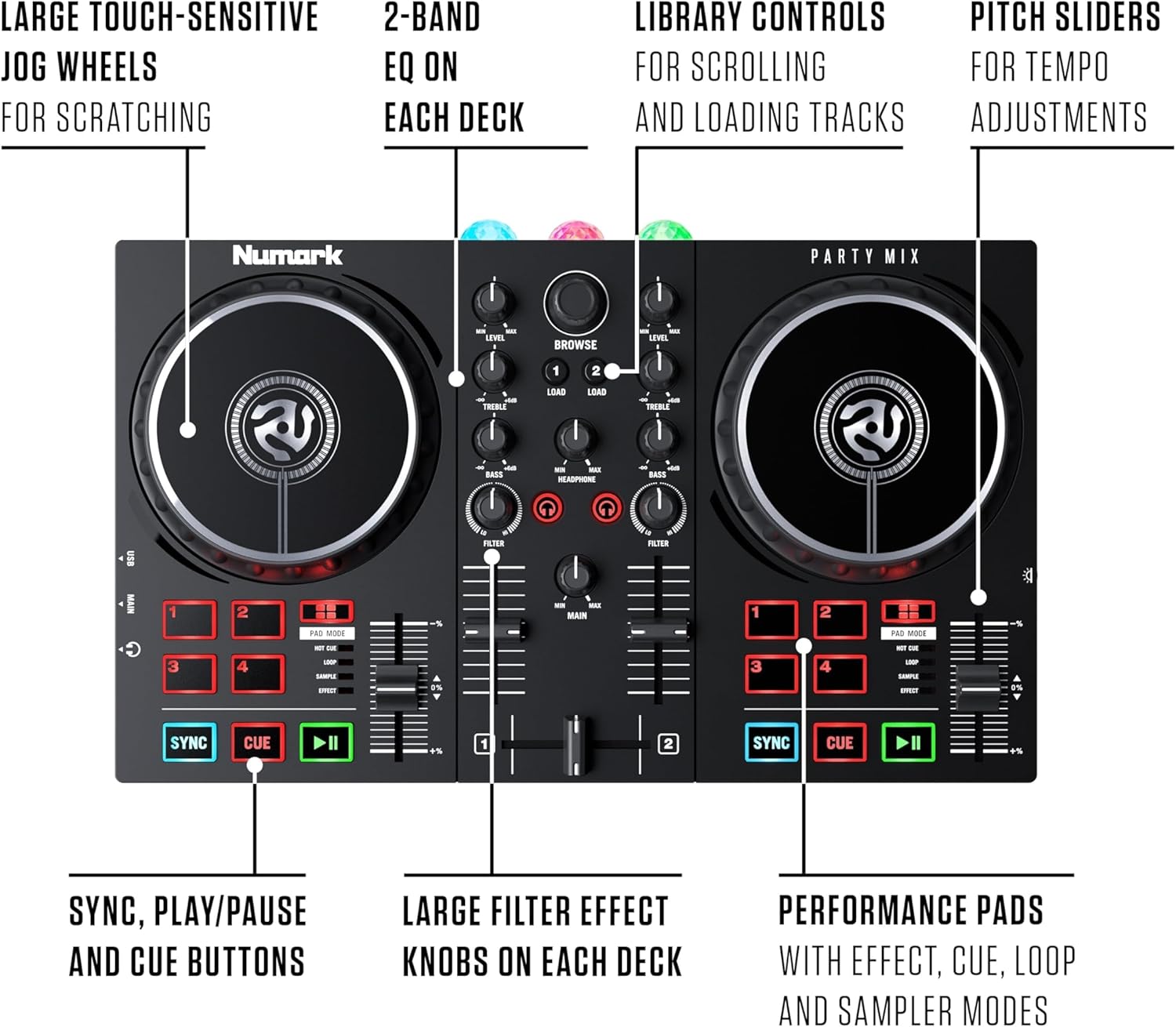 Party Mix DJ Controller with Lights, 2 Decks, Mixer, Audio Interface and (Serato Lite)