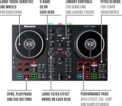 Party Mix DJ Controller with Lights, 2 Decks, Mixer, Audio Interface and (Serato Lite)