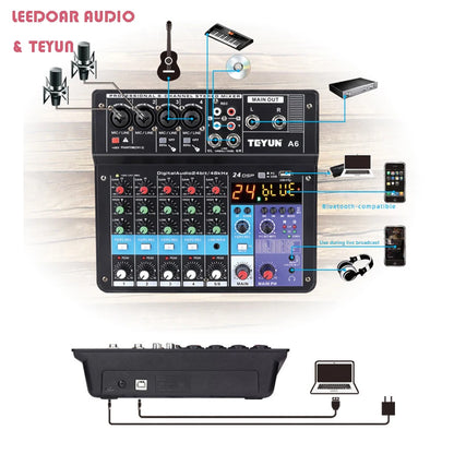 8 6 4 Channel DJ Sound Mixing Table 24 DSP Effect Audio Mixer Bluetooth PC USB Play Recording 48V Contoller Mixing Console
