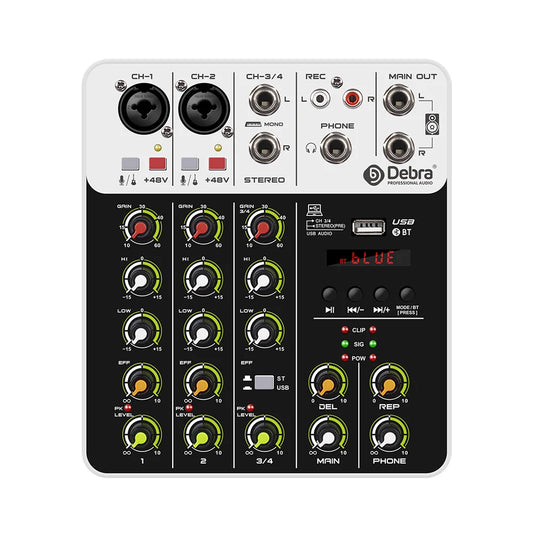 Debra V4 Audio Mixer DJ Controller Mixer, 5.0 Bluetooth 48V Phantom Power, Low Bottom Noise for Mixing Console PC Recording