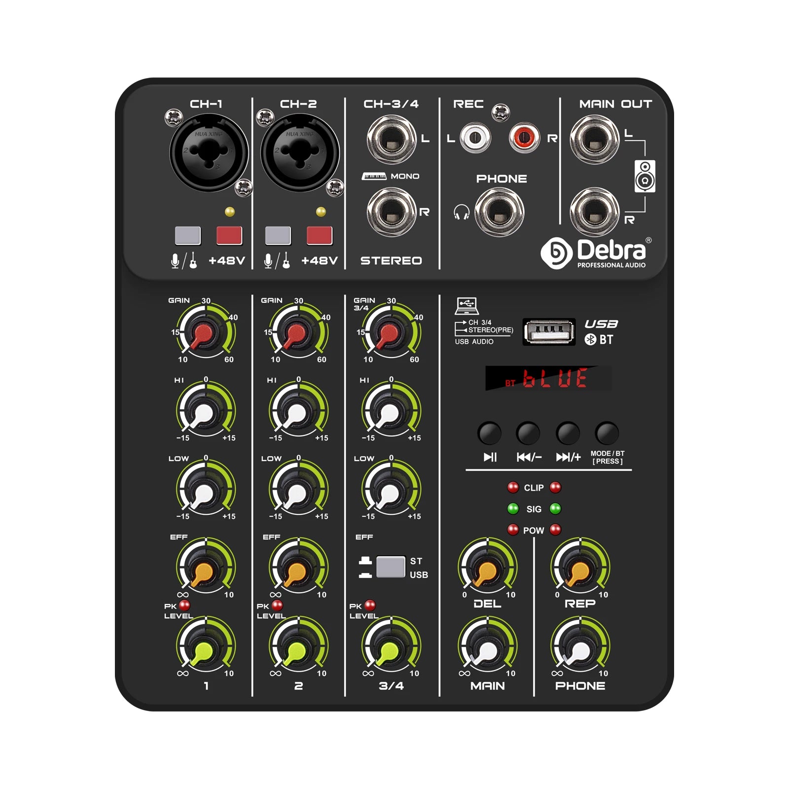 Debra V4 Audio Mixer DJ Controller Mixer, 5.0 Bluetooth 48V Phantom Power, Low Bottom Noise for Mixing Console PC Recording