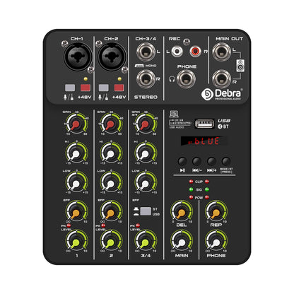Debra V4 Audio Mixer DJ Controller Mixer, 5.0 Bluetooth 48V Phantom Power, Low Bottom Noise for Mixing Console PC Recording